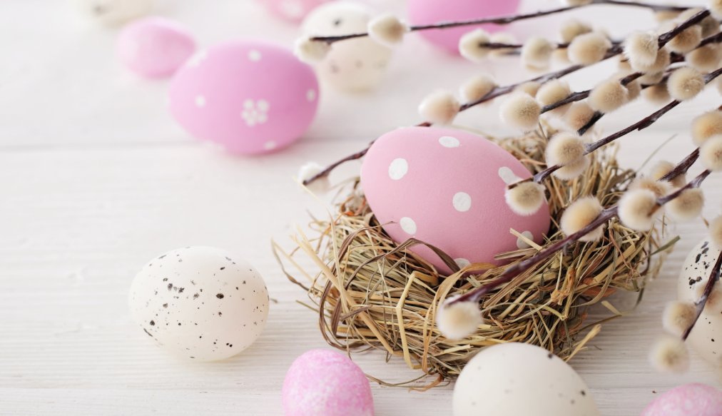 na zdjęciu kilka pisanek w pastelowych kolorach oraz bukiet z gałązek bazi