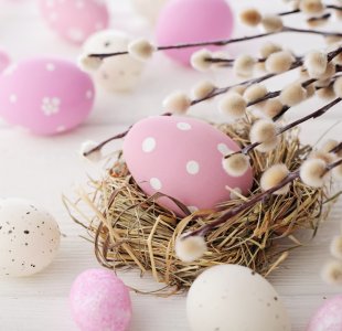 na zdjęciu kilka pisanek w pastelowych kolorach oraz bukiet z gałązek bazi